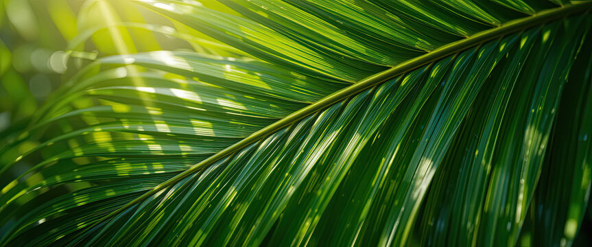 Close up of tropical green palm leaf under sunlight with natural shadows, fresh foliage detail showcasing texture and vibrant color, outdoor nature scene symbolizing environment, summer and exotic bea