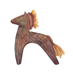 Toy handmade wooden horse. Watercolor and color pencils isolated illustration. For home interior decoration, tea party ceremony, vintage kitchen table setting, menu design banners and clip art