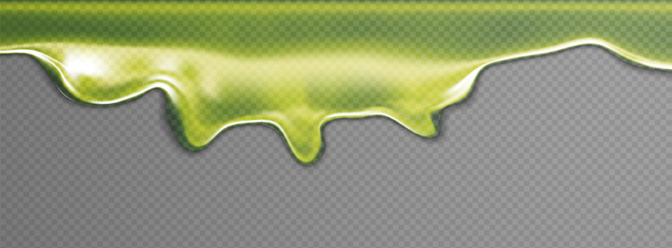 Green slime drip with 3D liquid goo effects and Halloween mucus textures. Toxic radioactive splatters or zombie paint splashes for isolated backgrounds. Seamless sticky patterns or phlegm jelly shape.