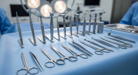 Surgical instruments laid out on blue sterile drape in operating room. Medical equipment for surgery. Healthcare and medical procedure concept. Hospital tools.