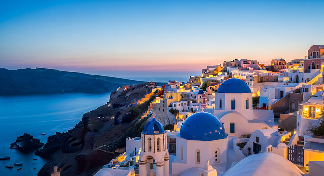 Scenic view of Oia, Santorini, Greece at dusk, featuring white buildings with blue domes overlooking the Aegean Sea. - Powered by Adobe
