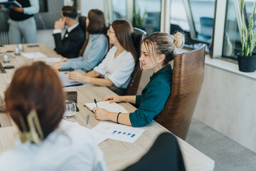 Diverse business team in a meeting, brainstorming ideas and analyzing solutions. Colleagues of different ages and cultural backgrounds collaborate around a conference table.