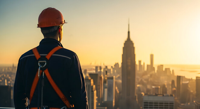 Construction worker on skyscraper rooftop overlooking stunning cityscape at sunrise, feeling proud of his hard work and dedication to building a better future.