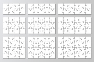 Process jigsaw diagram presentation. Infographics collection. 9 puzzles grid set. business chain infographic. Business info graphic with steps, parts. Vector illustration