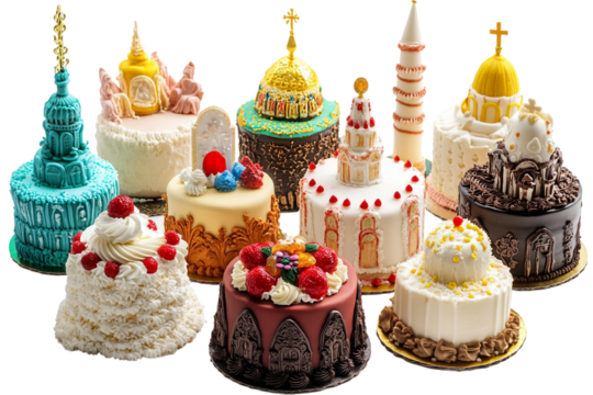 Culturally inspired and religious cakes set isolated on transparent background