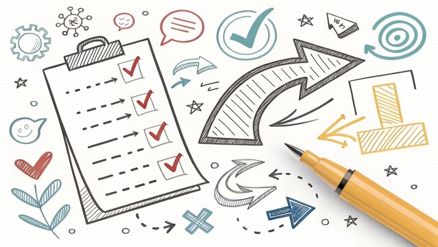 Hand drawn sketch animation background video with alpha channel, Set of animated hand drawn arrows highlighter elements, doodle arrows, circles, check marks, frames, borders and elements.