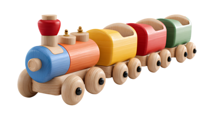 wooden toy train with colorful carriages on a white background, png cutout 