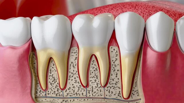 A detailed cross-section model of human teeth with roots and nerves. Dental anatomy and structure.