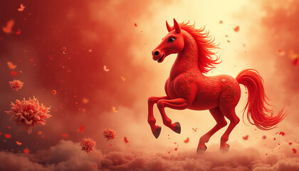 Red horse trotting in a dramatic cloudscape with floating petals  