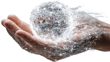 A hand holds a glowing, network-like sphere