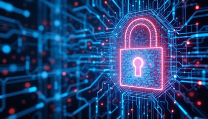Digital security padlock illuminating blue circuit board, showcasing cybersecurity protection against threats.