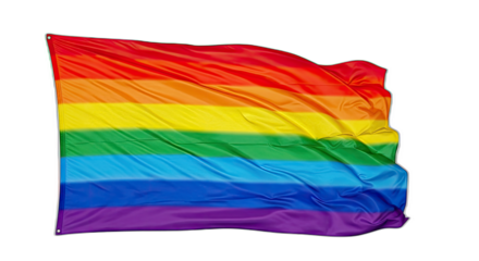 A vibrant rainbow flag waving against a stark transparent background in a display of pride