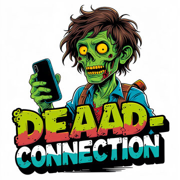 Funny zombie holding mobile phone cartoon artwork t-shirt design perfect for horror lovers, Halloween fashion, spooky streetwear, and retro creepy style