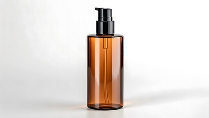 Naklejka premium Amber Glass Bottle with Black Pump Dispenser, Minimalist Product Presentation for Liquids and Creams, Clean Background for Beauty or Personal Care.