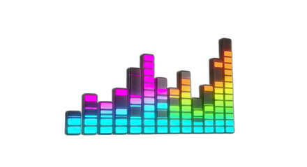 Colorful graphic equalizer bars against a transparent background showing audio levels rising and falling