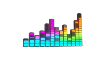 Colorful graphic equalizer bars against a transparent background showing audio levels rising and falling
