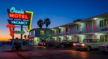 Retro motel at night with neon sign and vintage cars. Americana roadside lodging. 1950s style travel nostalgia. Classic US highway motel scene with palm trees at dusk.