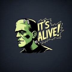 Frankenstein monster illustration with it's alive text