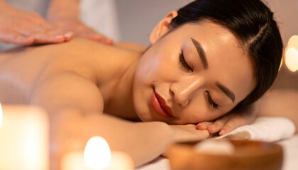 Obraz premium Serene Young Woman Enjoying a Relaxing Massage in a Tranquil Spa Setting with Candlelight