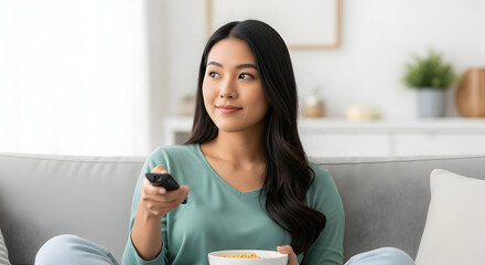 Young woman relaxing on couch watching TV, enjoying a bowl of cereal, remote in hand, comfortable living room setting.