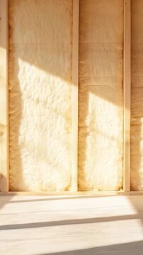 Bright sunlight casting sharp shadows over exposed fiberglass insulation between wooden wall framing