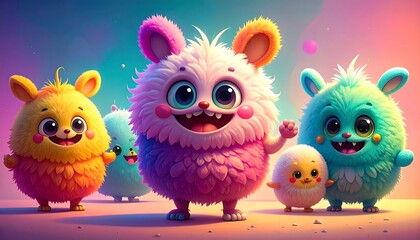 Fototapeta premium A group of cheerful, fluffy creatures with vibrant colors and playful expressions.