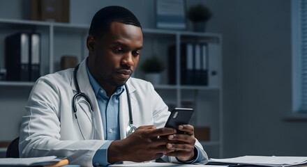Hardworking doctor reviewing patient charts on his smartphone late at night in his dimly lit office, showing dedication and commitment to healthcare.