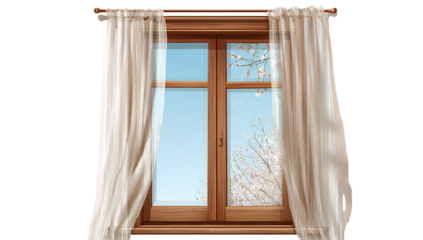 wooden window with white curtains isolated on a transparent background, png file.