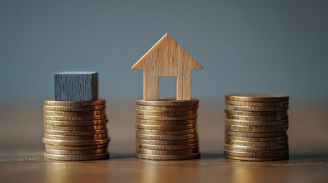 Stacked Coins with Wooden House and Block Representing Real Estate Investment and Financial Growth Concepts