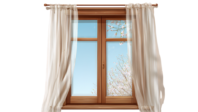 wooden window with white curtains isolated on a transparent background, png file. 