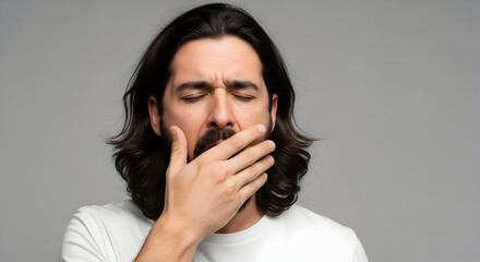Tired young man with long hair yawning and covering his mouth with his hand against a gray background.