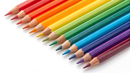 Fototapeta premium Colorful Pencils Arranged in Rainbow Order: Close-up Perspective on White Background Showcasing Artistic Mediums and Educational Supplies.