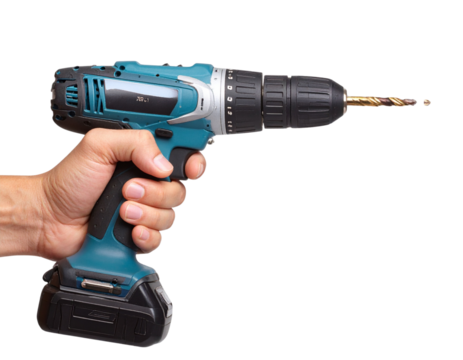 Battery Screwdriver in Hand, Side Profile with Drill Bit Attached, Isolated PNG