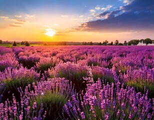 Wonderful nature landscape, amazing sunset scenery with blooming lavender flowers. Moody sky 