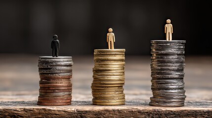 Figurines on Stacked Coins Symbolizing Wealth Disparity and Economic Inequality in Modern Society