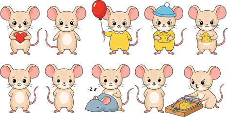 Cute cartoon mice in various poses and emotions, holding cheese, heart, balloon, interacting, sleeping, with trap, colorful illustration.