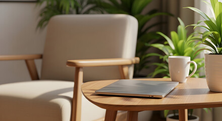 Fototapeta premium Sunlight streams into a cozy room, illuminating a laptop resting on a wooden side table next to a comfortable armchair and lush houseplants, creating a serene and productive workspace atmosphere.