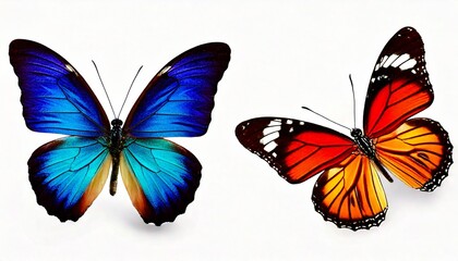 Set two beautiful colorful bright multicolored tropical butterflies with wings spread