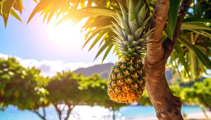 Fototapeta premium Lush pineapple hanging from a tropical tree