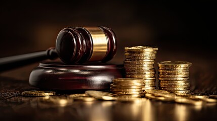 Close-Up of Wooden Gavel Next to Stacked Gold Coins on Dark Wooden Background