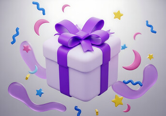 A festive gift box with a purple ribbon and bow, surrounded by confetti and abstract shapes
