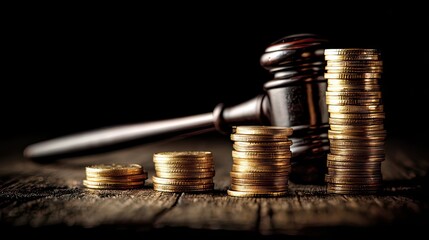 Coins Stacked Neatly Beside Gavel on Dark Background with Wood Texture