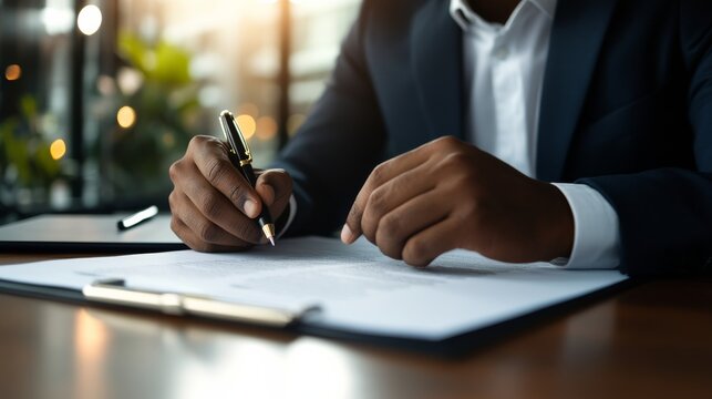 Business professional signing important documents in modern office space close-up perspective action-focused intent to convey professional commitment