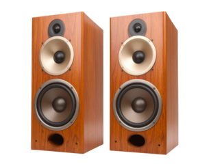Pair of Large Tower Speakers Angled Slightly Inward, Isolated PNG