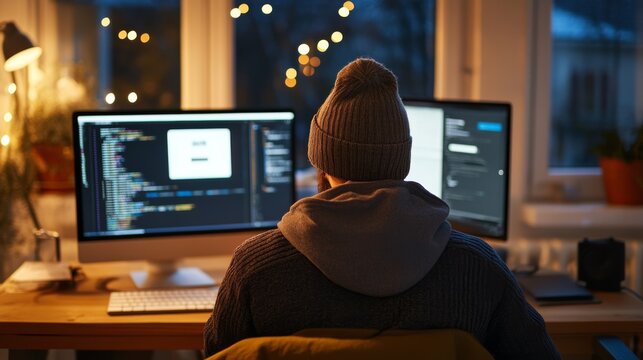 Coding session at home office evening digital workspace cozy environment programmer's perspective remote work concept - Powered by Adobe