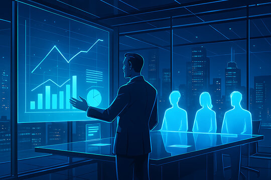 Business presentation data analysis meeting financial growth strategy in corporate office setting