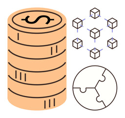 Stacked coins, blockchain network, and a globe puzzle visualizing finance, cryptocurrency, global business, collaboration, decentralized systems, innovation and problem-solving. Ideal for simple