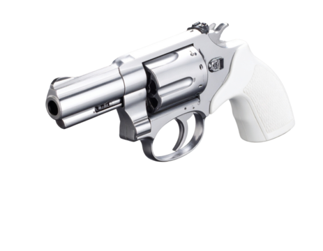  Stainless Steel Colt Python Revolver Pointing Downward, 3/4 Angled Studio Shot on Black
