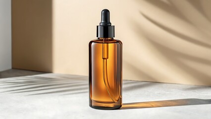 Naklejka premium Elegant Amber Glass Dropper Bottle with Black Cap on a Minimalist Background Featuring Leaf Shadow Patterns