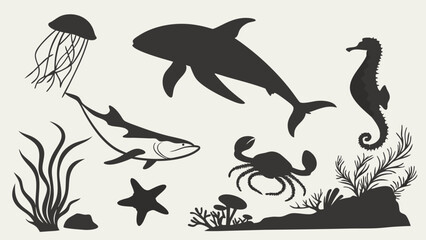 Underwater marine life silhouettes set. Ocean sea creatures collection with shark, jellyfish, seahorse, fish, crab, starfish, aquatic plants.